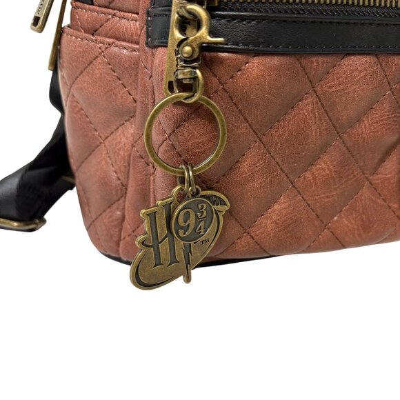 Loungefly Harry Potter Hogwarts Crest Quilted Brown Mini Backpack With Keychain - Picture 4 of 11